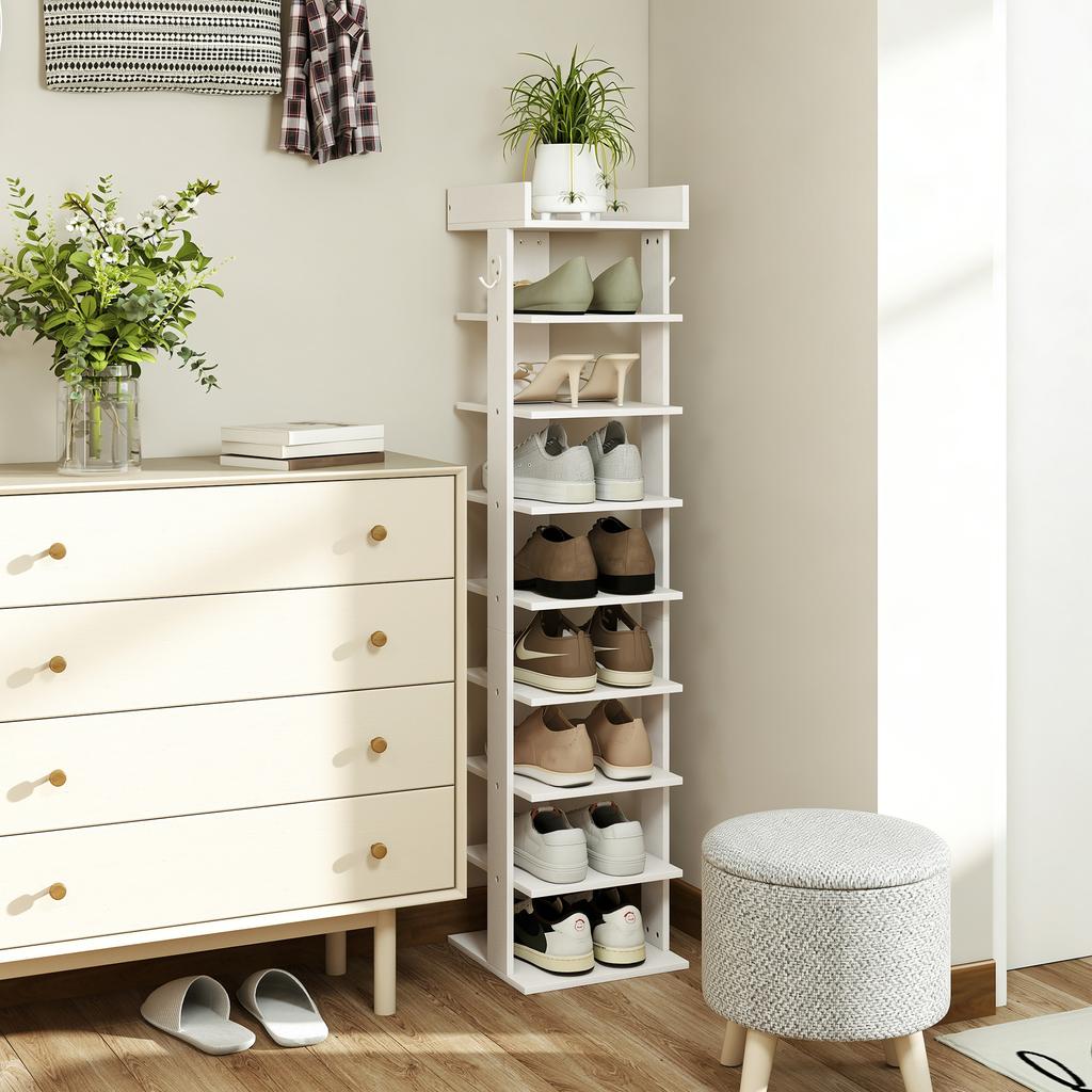 9-Tier shoe rack, shoe organizer up to 9 pairs with top tray, 2 hooks, 30x30x128.4cm, white