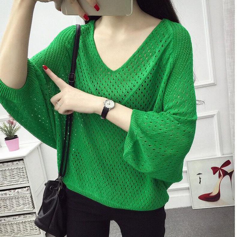 Тонкий пуловер с v-образным вырезом, вязаный свитер, женские топы, большой размер, свитер со скелетом и семиминутными рукавами, женская свободная рубашка