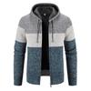 Men Hooded Sweater Coat Color Block Long Sleeve Drawstring Slim Fit Autumn Winter Plush Lining Knitted Cardigan Sweater Streetwear