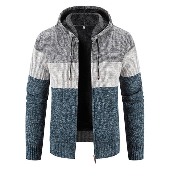 Men Hooded Sweater Coat Color Block Long Sleeve Drawstring Slim Fit Autumn Winter Plush Lining Knitted Cardigan Sweater Streetwear