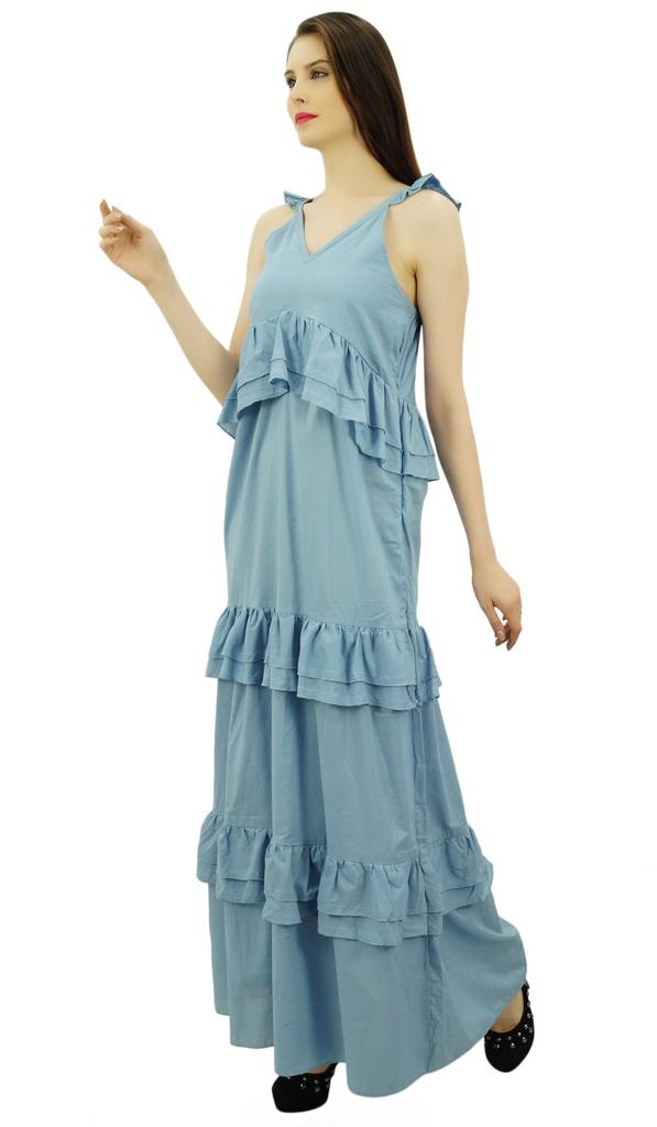 Bimba Sexy Summer Spaghetti Strap Sundress V-Neck Casual Ruffle Long Maxi Beach