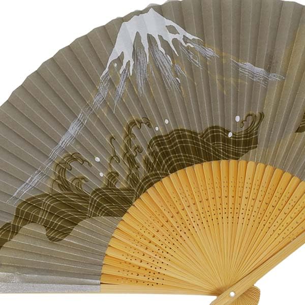 painted fan with featuring a design of Mount Fuji on a gold pearl High-quality fragrance, background.