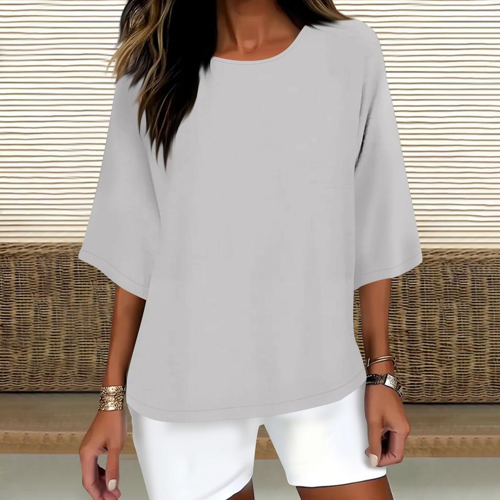 Женская модная однотонная повседневная футболка с рукавом семь восьмых и круглым вырезом, хлопковый топ