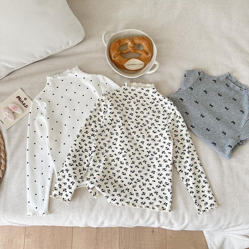 Children Girls Long-sleeved T-shirts Autumn Dot Print Infant Babys Girl Tops Turtleneck Bow Flower Toddler Kids Girls Undershirt