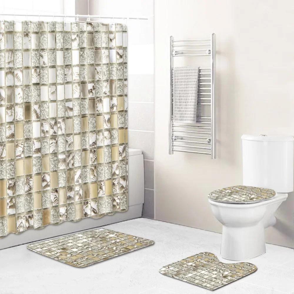 Home Waterproof Print Shower Curtain 4 Piece Carpet Cover Toilet Cover Bath Mat Pad Set Bathroom Curtain Bathroom Decoration