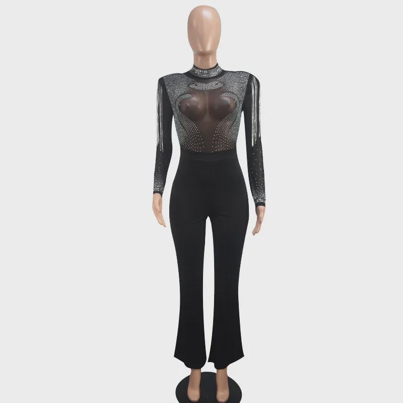 Женский сексуальный прозрачный сетчатый комбинезон со стразами в европейском и американском стиле