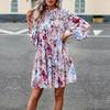 Women's O Neck Long Sleeve Loose All Match Casual Printed Floral Short Dress