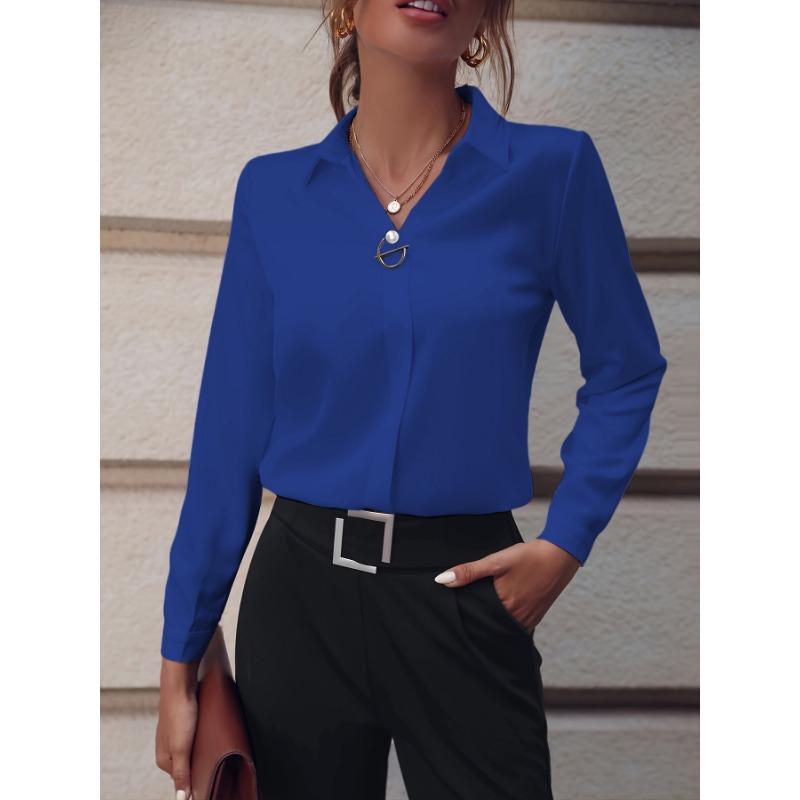 YYFS Women's Fashion Casual Spring Fall Solid Color Print Long Sleeve POLO Neck Blouses & Shirts