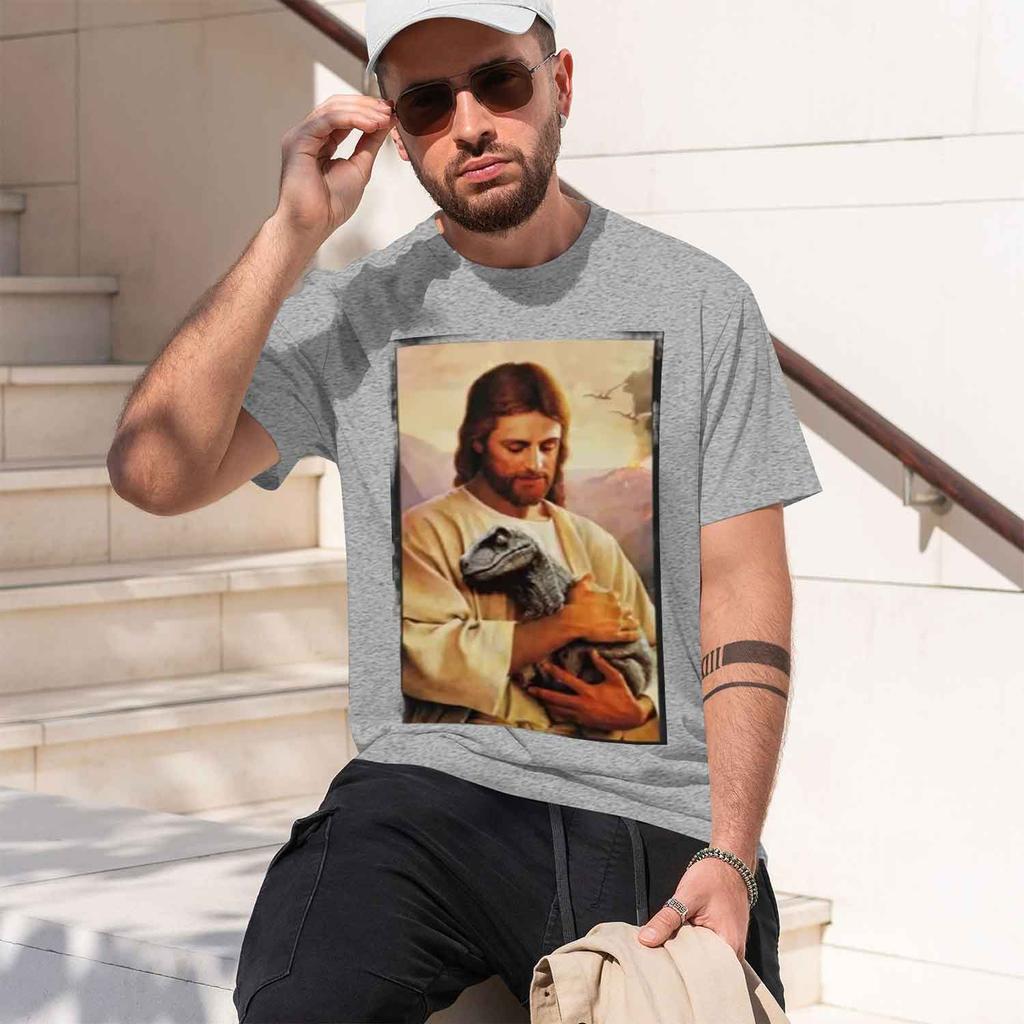 Religious Unisexs Tshirt Jesus Holding A Dinosaur Christian Faith Theme Summer Casual Wear Gift For Religious Believers And Faith