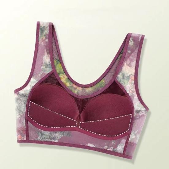 Женский бюстгальтер среднего возраста, бесшовный тонкий ледяной шелк, охлаждающий цветочный принт, беспроводной, не зацепляющийся, пуш-ап, бюстгальтер для повседневного ношения для мам