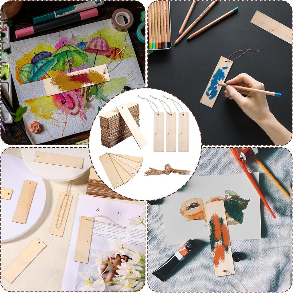 Rectangle Wood Crafts DIY Blank Hanging Wooden Tag Ornaments with Ropes for Wedding Birthday Christmas Party Decoration Home DIY