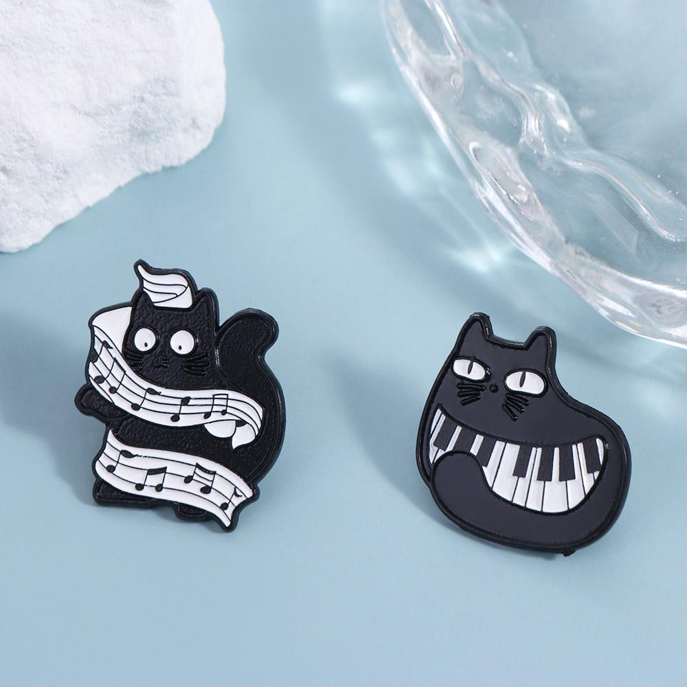 Breastpin Black Cat Enamel Pin Purring Kitten Beating Note Brooch Cool Piano Cat Badge  Gift