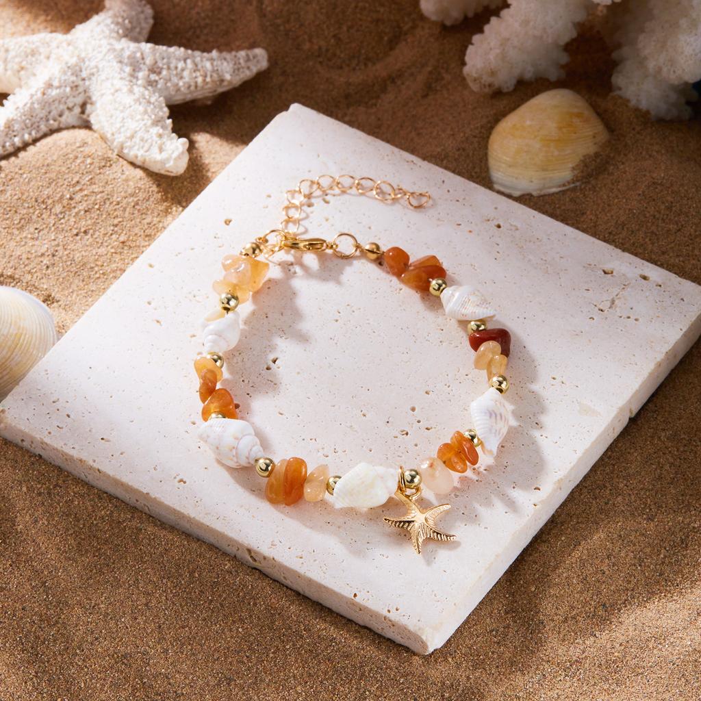 Boho Cowrie Shell Anklet for Women Natural Crystal Stone Beads Gold Color Starfish Charm Foot Chain Summer Beach Jewelry Gift