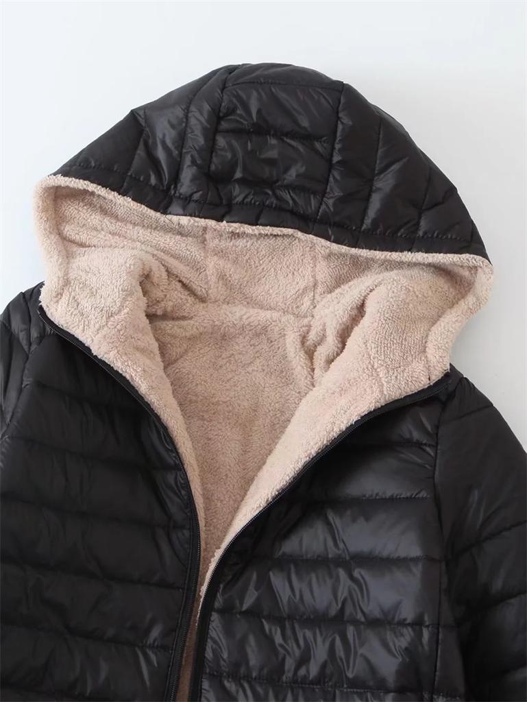 Women Mid-length Hooded Fleece Jacket Autumn Winter Lightweight Plush Lining Solid Ladies Parka Loose Female Zipper Outwear
