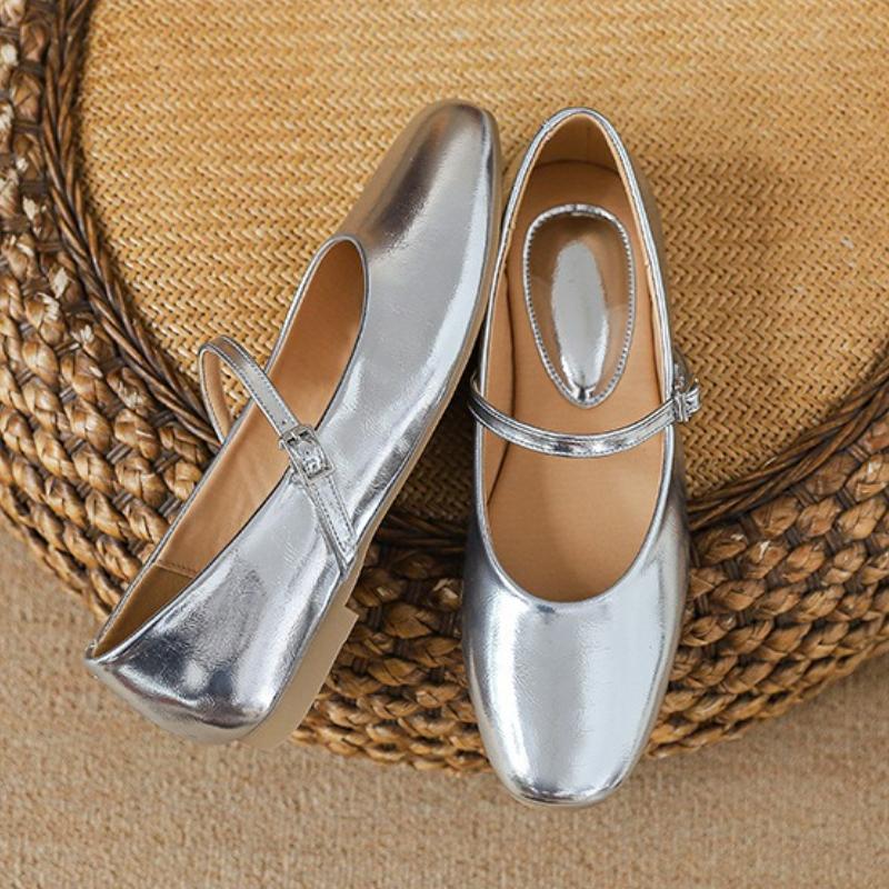 Fashion Silver Round Toe Brand Mary Jane Shoe Women Fashion Narrow Buckle Design Casual Flats Cozy Commuter Office Shoe Zapatos De Mujer