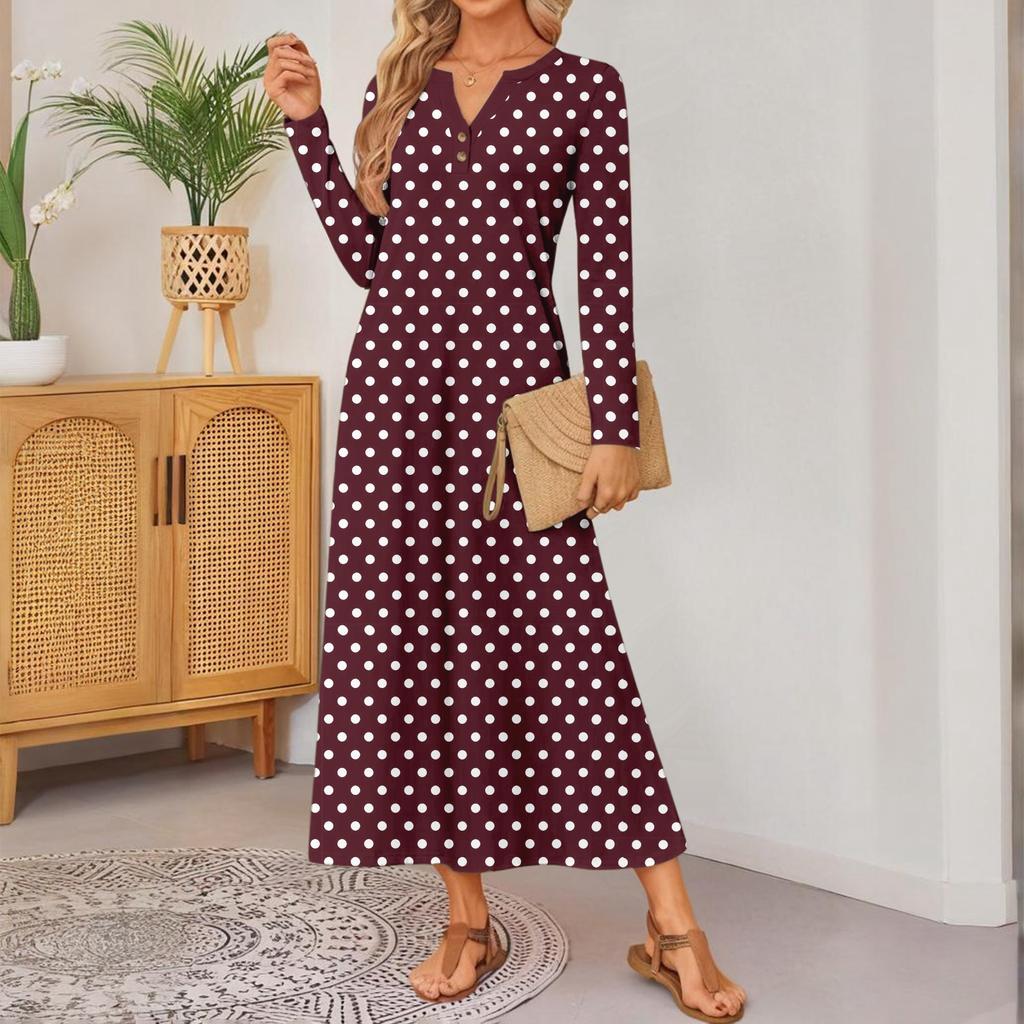 Women Polka Dot Printed Long-sleeved Comfortable Loose Dress, Elegant Dress