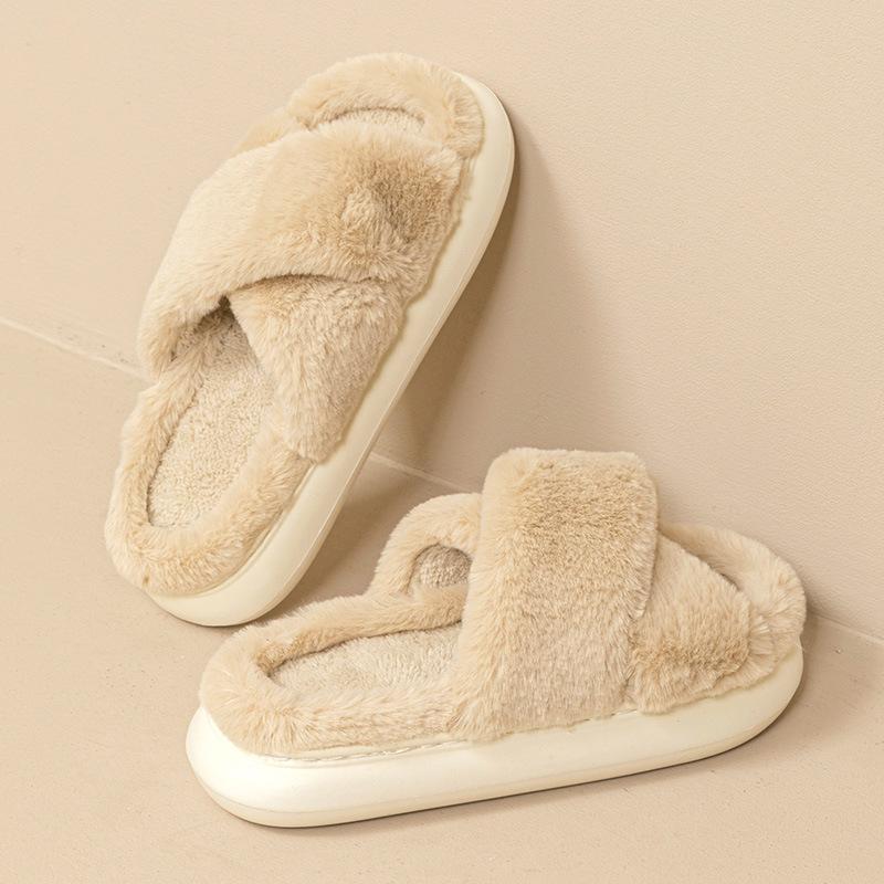 New Cotton Slippers Autumn and Winter Thickened Plush One-word Cotton Slippers Home Indoor Non-slip Warm Fashion Fluffy Drag Girl