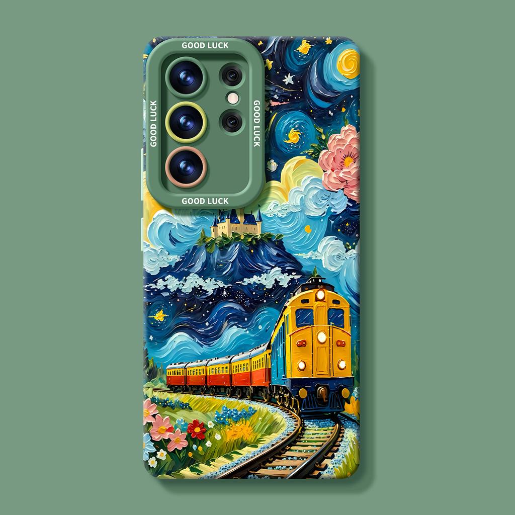 Применимо к чехлу для мобильного телефона Samsung s26ultra, масляная живопись, поезд, s25/24plus, летний, s23, силиконовый, полностью закрывающий, s22, комплекты