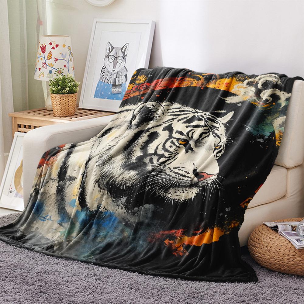 White Tiger Print Flannel Blanket, High quality Comfortable for All Seasons, Home Decor, Warmth and Comfort