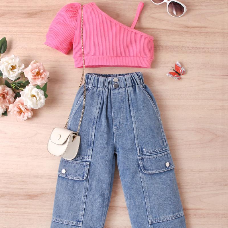 Комплект одежды для девочек: Летний детский однотонный свитер с короткими рукавами и открытыми плечами, комплект из двух предметов из денима с множеством пуговиц
