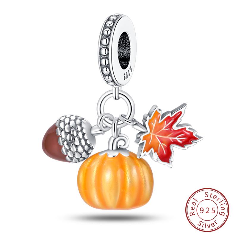 100% 925 Silver Autumn Harvest Series Brown Music Squirrel Scarecrow Pumpkin Maple Leaves Charms Beads DIY Jewelry Gift