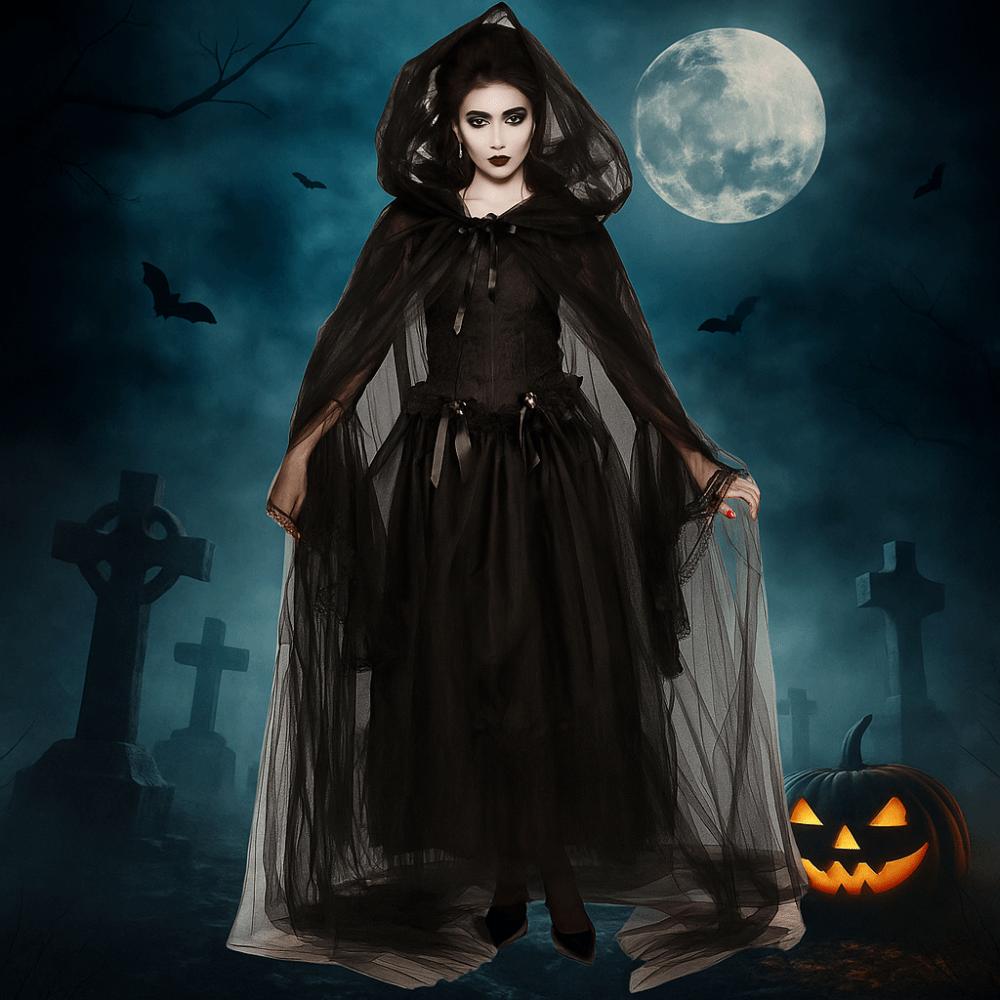 Dress Up Mesh Ghost Cloak Transparent Hooded Cloak Fashion Women Halloween Costume Children