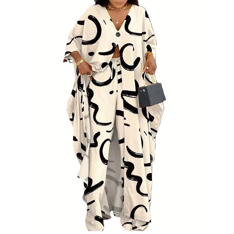 Женский комплект с рукавом три четверти, V-образным вырезом, на пуговицах, с принтом, халат, брюки на кулиске, одежда, распродажа