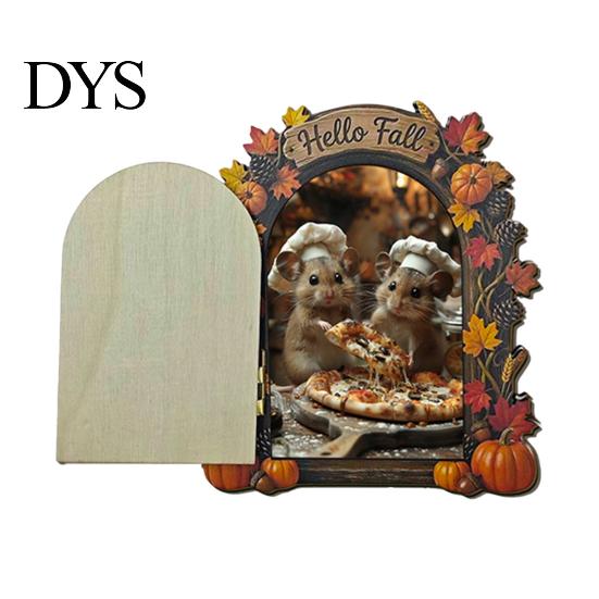 Fall Home Decor Accents Elf Wooden Door Halloween Decor, 2D Fairy Mouse Miniature Wall Rustic Autumn Shelf Hanging, Ornament for Home, Thanksgiving