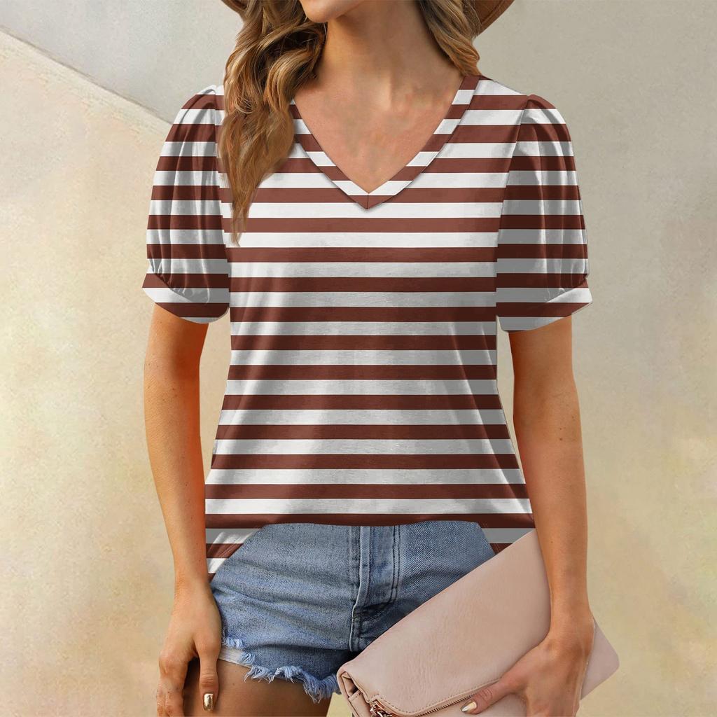 Women's Fashion Striped Printed Top Puff Short Sleeve V-neck T-shirt Loose Casual T-shirt