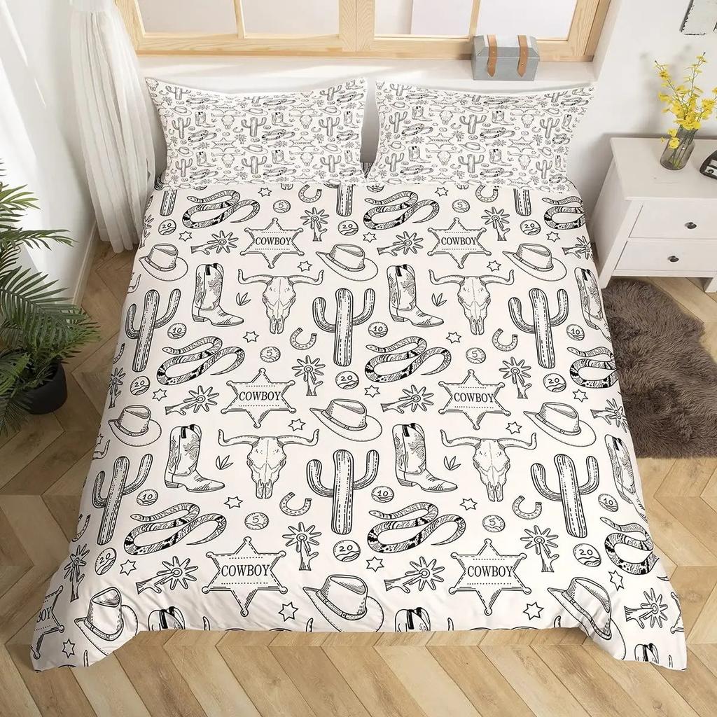 Western Cowboy Duvet Cover Set Twin Size,Horseshoe Stars Cowboy Hat Pattern Comforter Cover Rustic Vintage Southwest Bedding Set