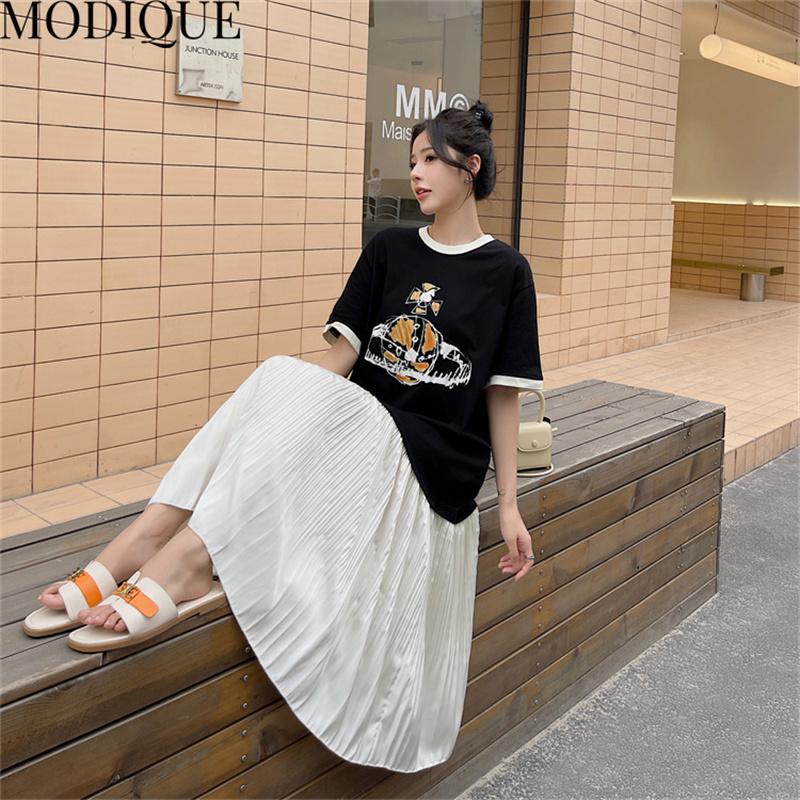 MODIQUE Summer Plus Size New Women Loose Patchwork A-Line Printing Mock Two-Piece Long Dresses Elegant Lady Casual Cotton O-Neck Short Sleeve Skirt