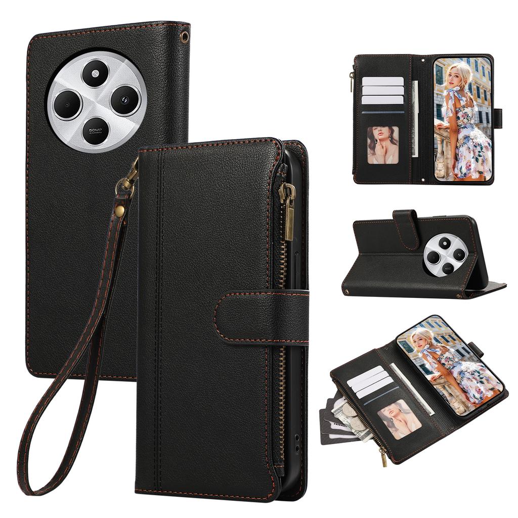 Leather Phone Cover For Xiaomi Redmi 14C 4G/A3 Pro 4G/A4 5G/14R 5G/Poco C75 4G/Poco M7 5G Multi Card Slots Zipper with Wrist Strap
