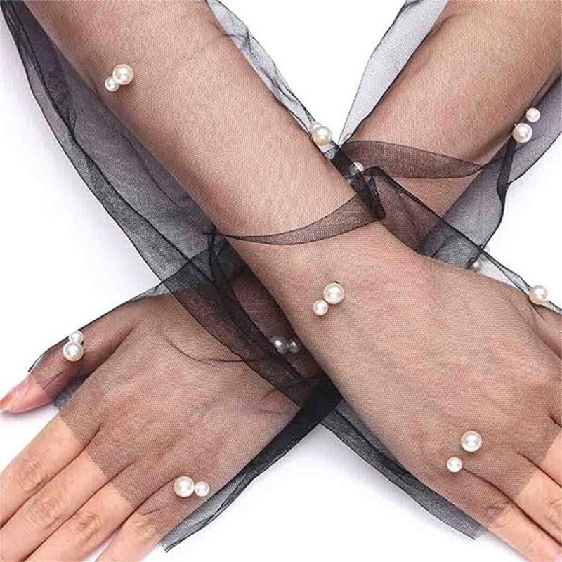 1Pair Bridal Sheer Tulle Gloves Long Wedding Gloves for Bride Pearls Decoration Fingerless Bridal Party Gloves