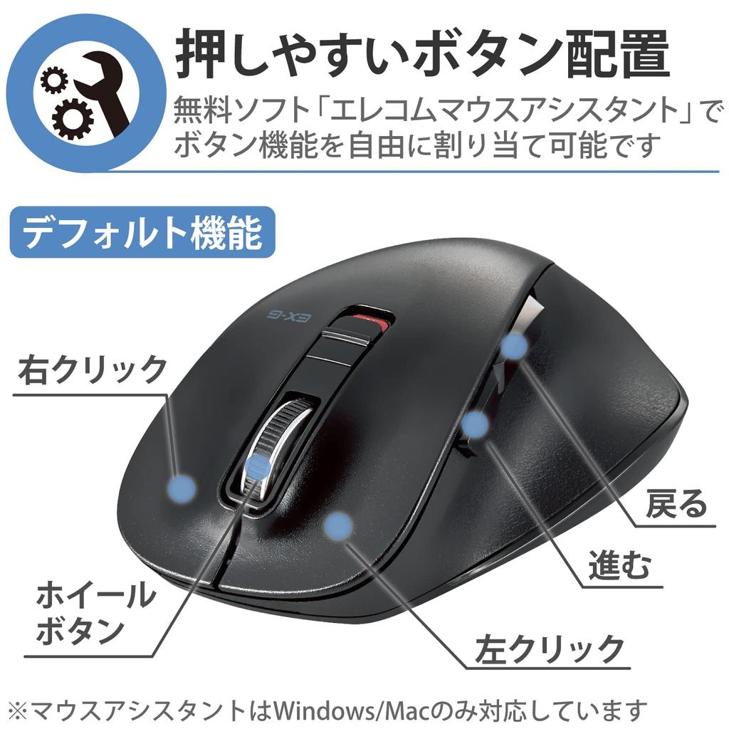 Elecom Беспроводная мышь Bluetooth EX-G Grip Бесшумный дизайн 5 кнопок Multi-Pairing Размер M Черный M-XGM15BBSBK