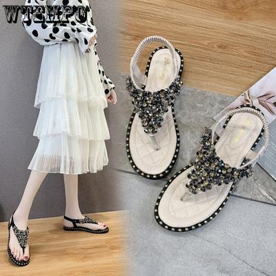 Летние женские сандалии с застежкой на носок, женские сандалии Fairy Wind, новые богемные пляжные туфли на плоской подошве со стразами, сандалии из резинового материала