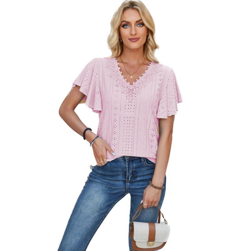 Women's Spring Summer Lace V-neck Ruffle Sleeves Solid Color Loose T-shirt