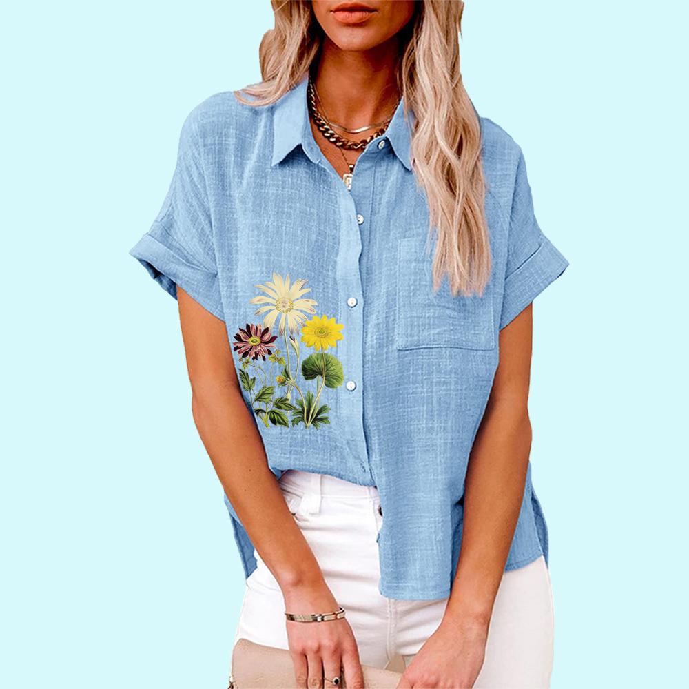 Большие размеры Женская мода цветочный принт блузка повседневная льняная футболка женская свободная рубашка с коротким рукавом на пуговицах