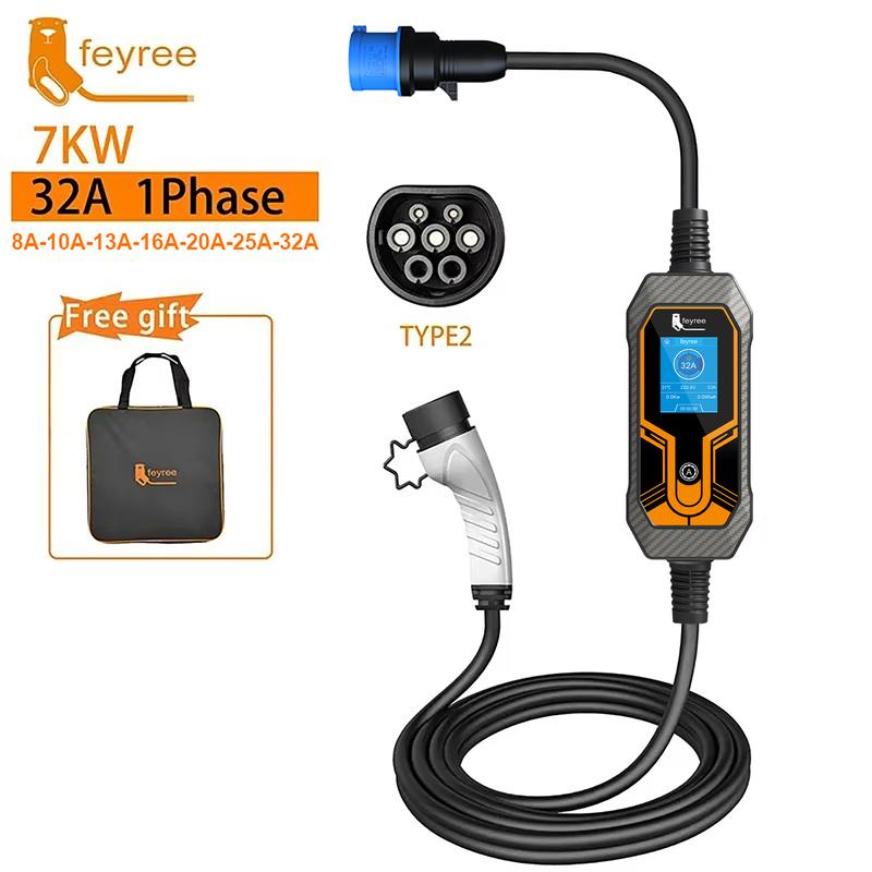 Feyree 32A 7 кВт Портативное зарядное устройство Type2 для электромобиля 3,5 кВт 16 А 1 фаза EVSE Зарядная станция 11 кВт 16 А 3 фазы Зарядное устройство для электромобиля