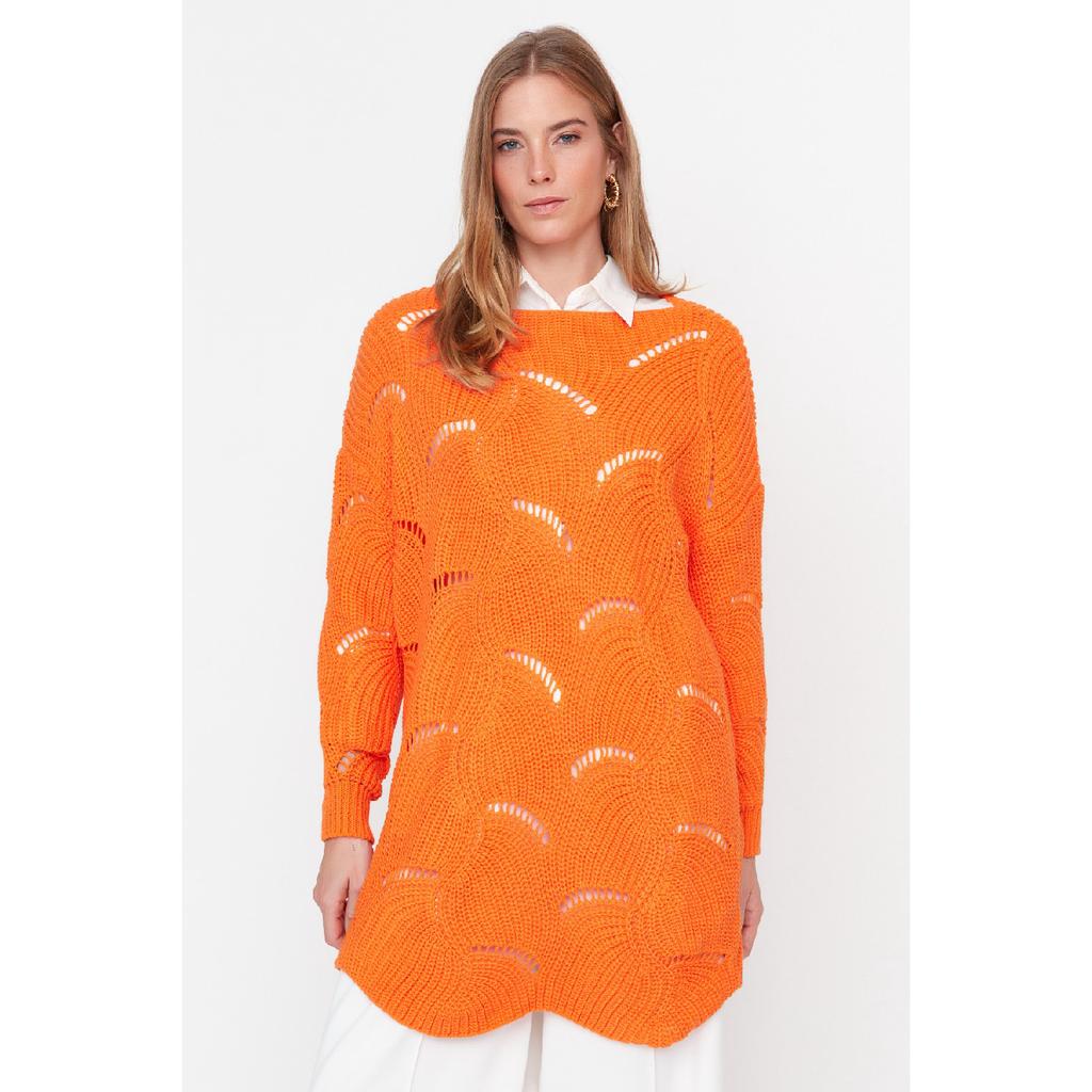 Оранжевый ажурный вязаный свитер Tctaw23ak00070
