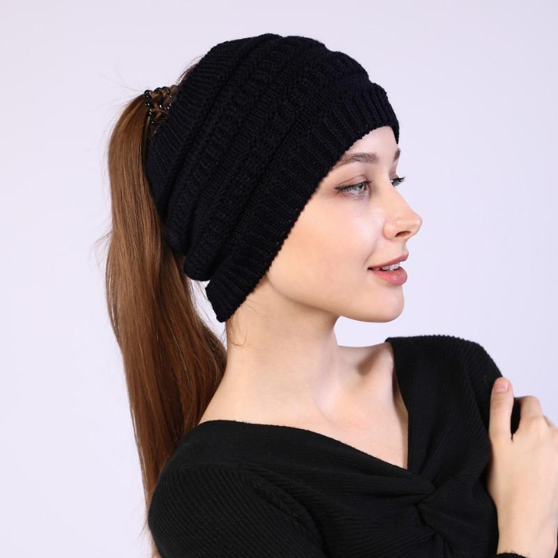 Ladies Knitted Hats Headband Autumn Winter Hats Widened Face Maskvempty Top Ponytail Woolen Hats & Caps