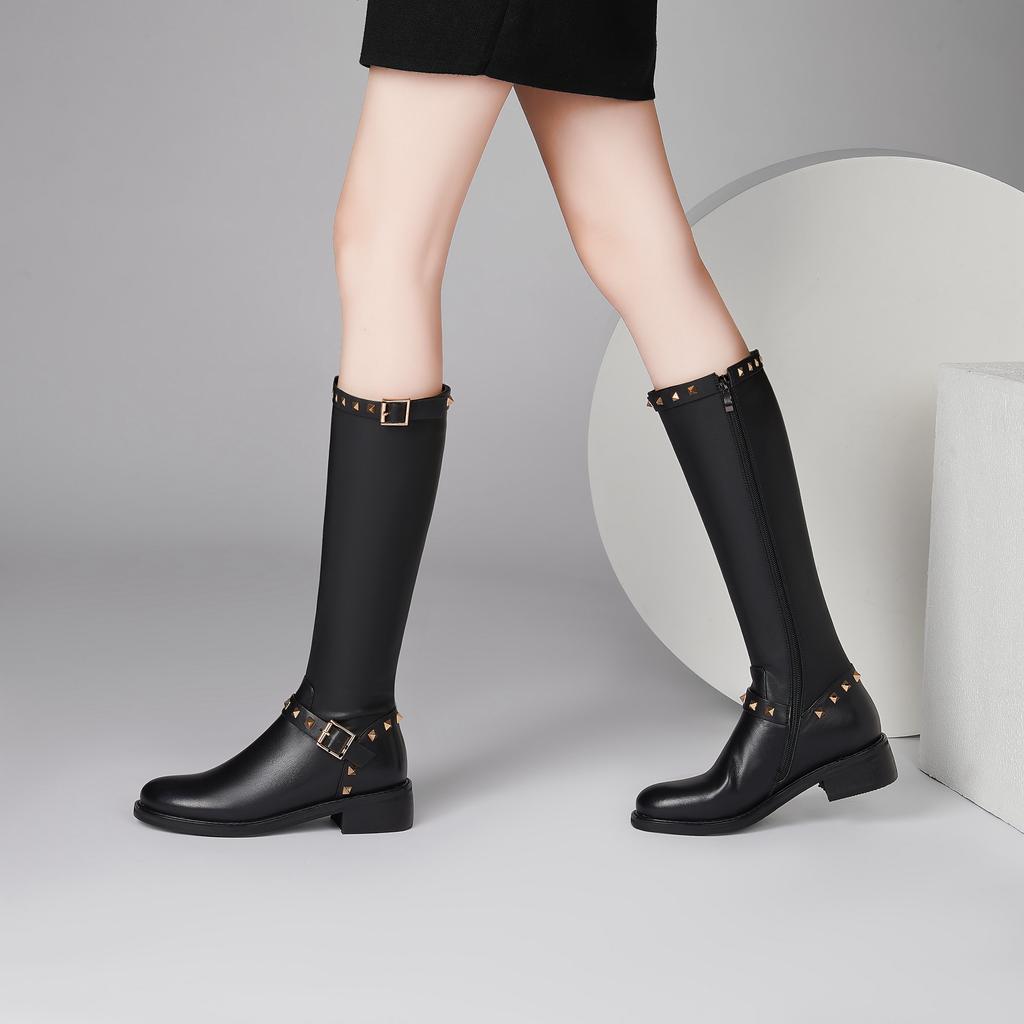 Krazing Pot Натуральная коровья кожа осенне-зимняя обувь на толстом среднем каблуке большого размера 45 размера 44 кожаные металлические заклепки женские теплые сапоги до колена
