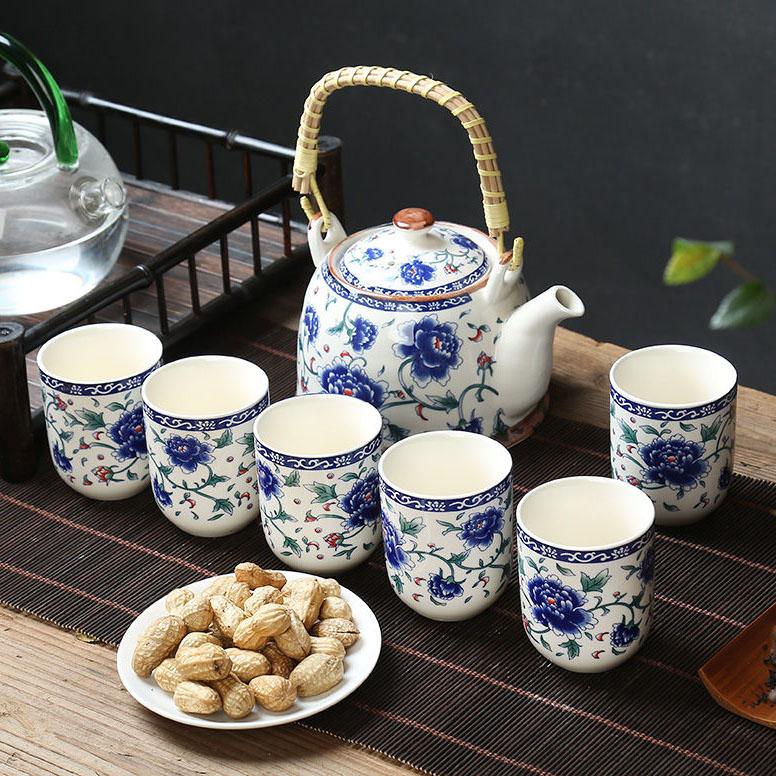 1 чайник, 6 чашек, большой чайник, поднос для чая, керамический сине-белый фарфоровый горшок с кунг-фу, простой бытовой чайный сервиз