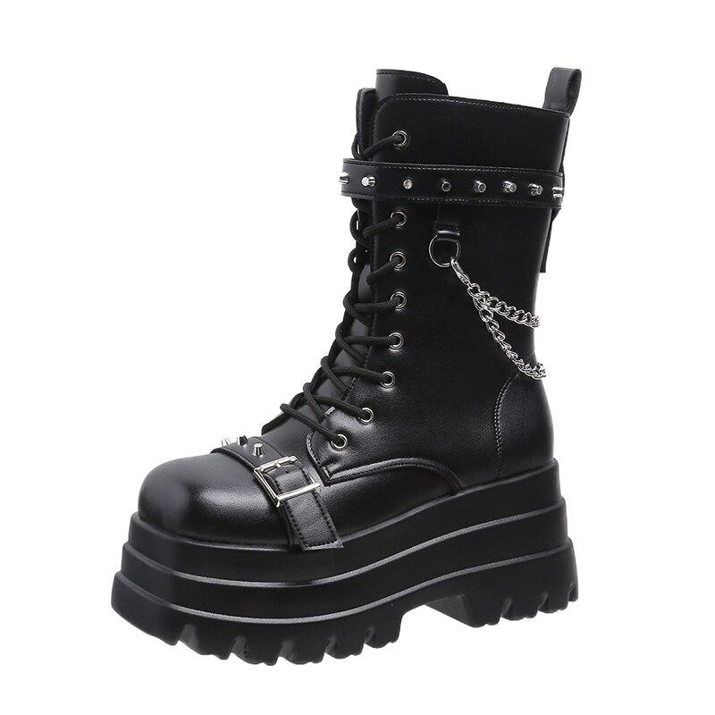 Motorcycle Ankle Boots Woman Punk Gothic for Women Boots Combat Ladies Black Metal Button Autumn New Women Shoes Platform Boots