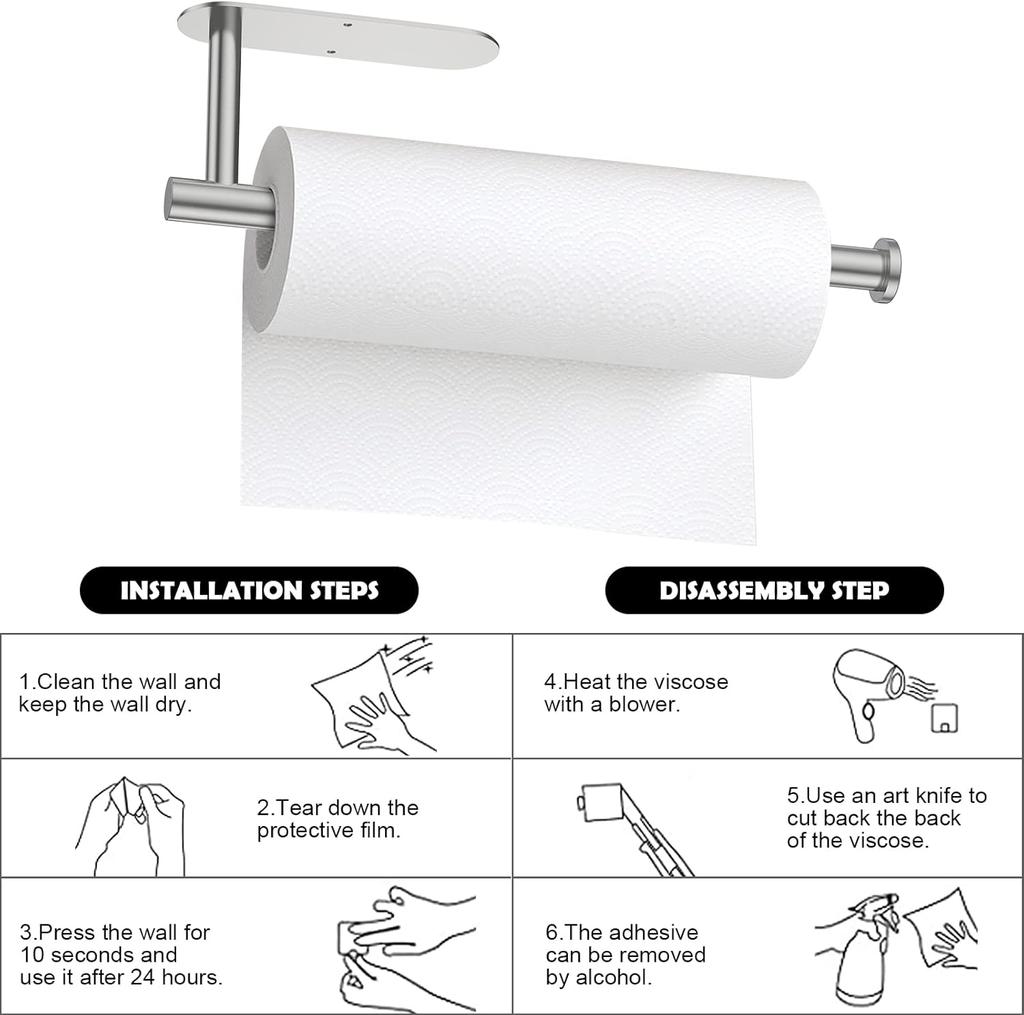 Kitchen Paper Roll Holder Stainless Steel Cabinet Tissue Holder Self Adhesive or Drilling Towel Bar Holder for Bathroom Kitchen