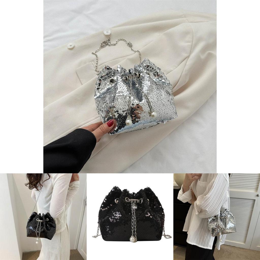 Black And Silver Sequin Bucket Bag For Women Chic Single Shoulder Bag Casual Street Style Chain Bag