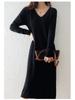 Autumn and Winter V-neck Knit Dress Women's Loose-fit High-end Feel Undercoat Long Dress French Style Coat for Ladies