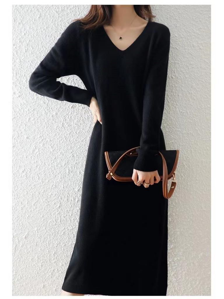 Autumn and Winter V-neck Knit Dress Women's Loose-fit High-end Feel Undercoat Long Dress French Style Coat for Ladies