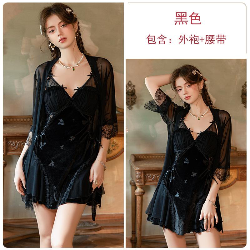 Women's French Velvet Lace Butterfly Print Push Up Removable Pads Sheer Backless Sleep Dress with Robe