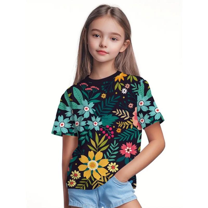 Красивая футболка для девочек Красивый цветочный 3D-принт Летняя мода Топы с круглым вырезом и короткими рукавами Повседневные футболки для детей