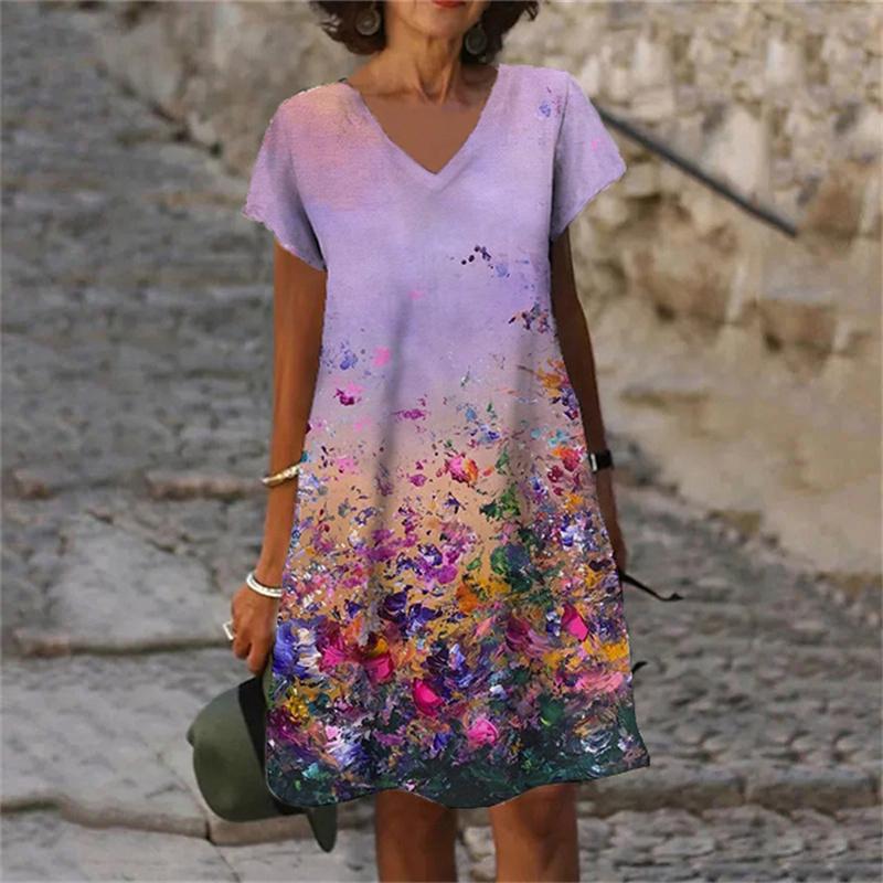 Растения Цветы Тай-дай Градиентный Принт Женское Платье Повседневное V-образный вырез Короткий рукав A-силуэт Платья Лето 2023 Новая Одежда Оверсайз